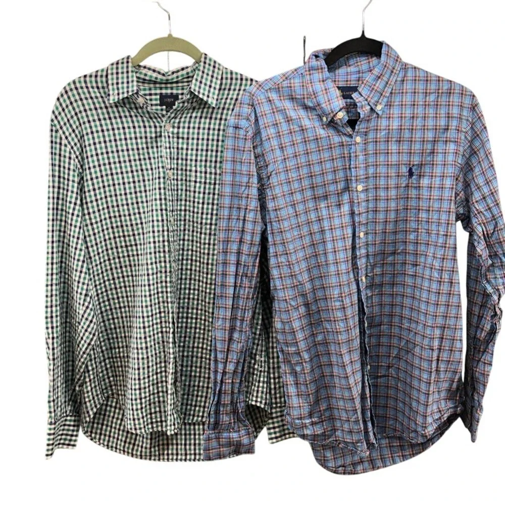 J.Crew Ralph Lauren Button Down Shirts Lot Mens M Blue Green Plaid Gingham 2pk